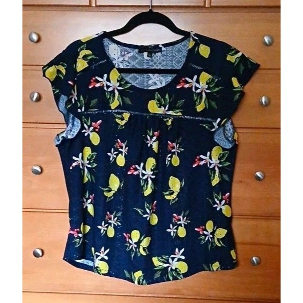 Adrienne Vittadini Womens XL Lemons Woven Ruffle Flutter Slv Blouse Top Navy